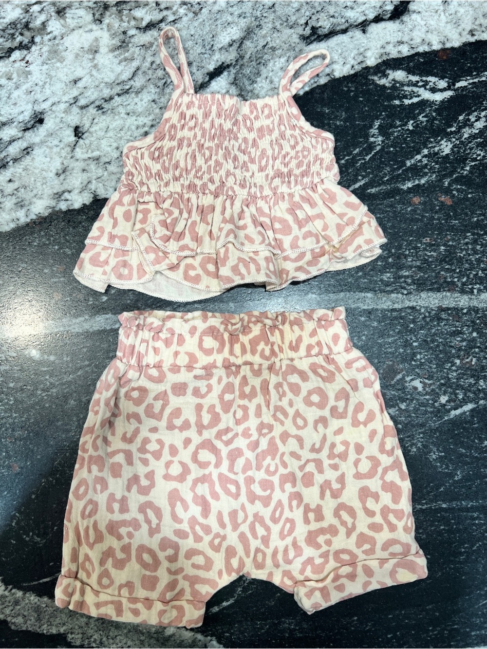 SHEIN Baby Girl Pink Leopard Print 2-Piece Ruffle Tank & Shorts Set | 3-6 Months